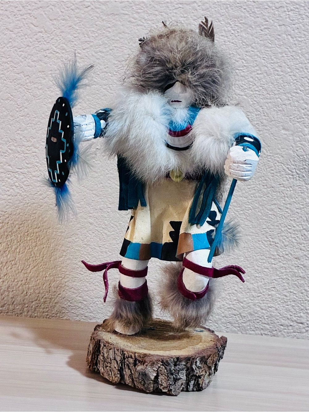 Vintage Signed Navajo Buffalo Warrior Kachina Doll 11"-12” Mixed Media Folk Art